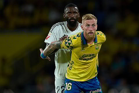 La liga 2024-25: Las Palmas' Oliver McBurnie, front, and Real Madrid's Antonio Rudiger compete for the ball